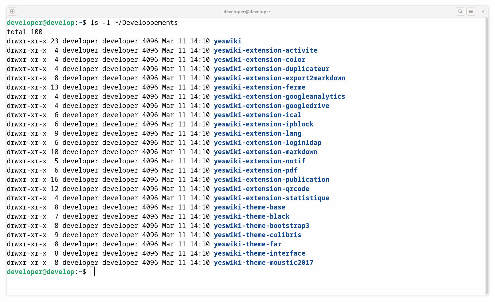 Copie d'écran de la commande ls ~/Developpements