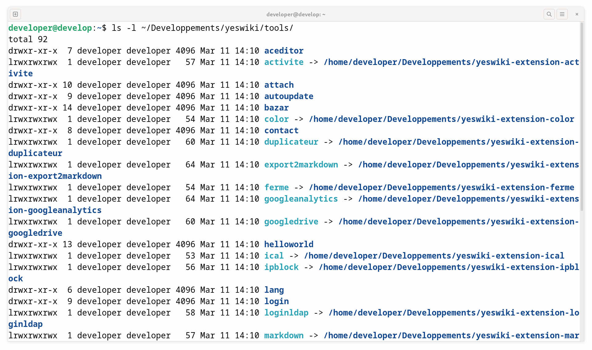 Copie d'écran de la commande ls ~/Developpements/yeswiki/tools/
