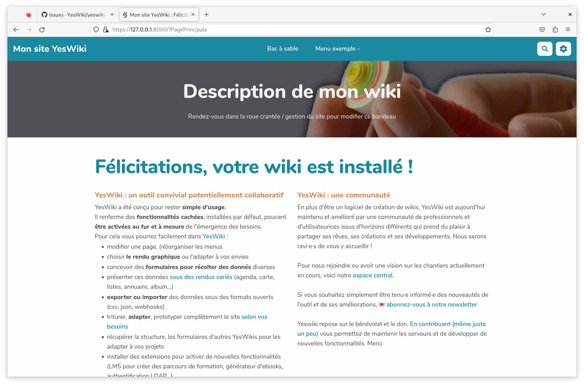 Copie d'écran de l'instance de test de YesWiki